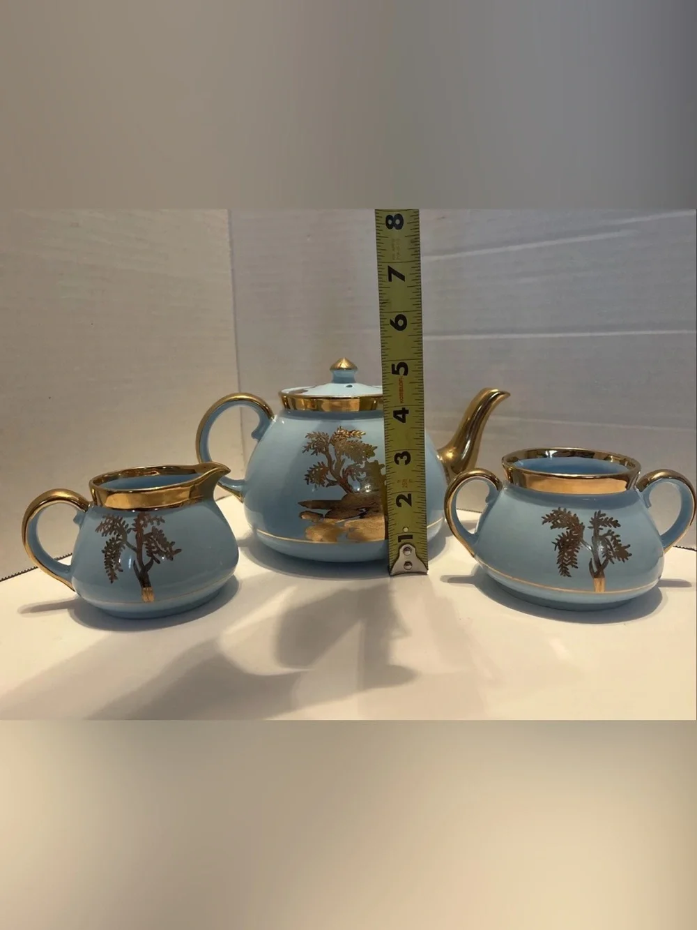 Vintage Robins' Egg Blue Gold Pagoda Scenes Gibsons Teapot England Set 4pc
